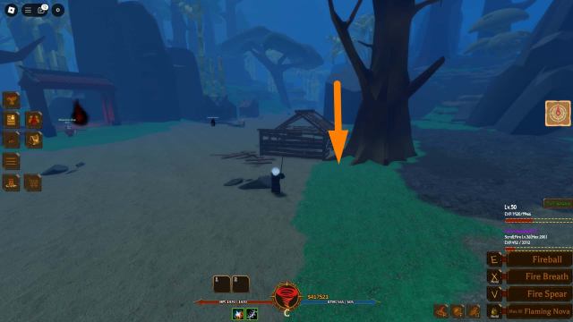 Primal Fruit spawn next to a ruined shack within the Dark Forest in Ninjitsu Master of Elements Roblox experience