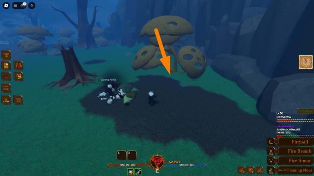 Primal Fruit spawn next to the Strong Ninja within the Dark Forest in Ninjitsu Master of Elements Roblox experience