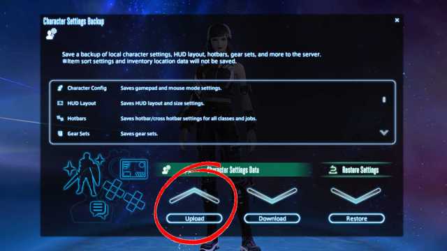 To save your settings in Final Fantasy XIV, click "Upload"