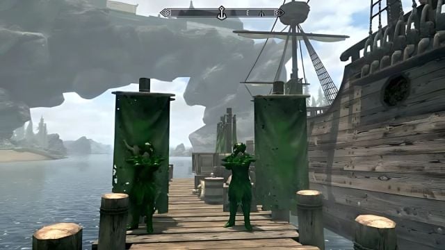  two green-armored soldiers stand by a wooden ship at the docks in Solitude.