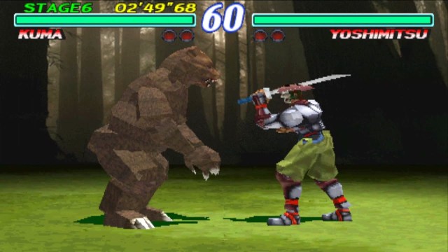  Yoshimitsu and Kuma the bear fight in a dark forest.