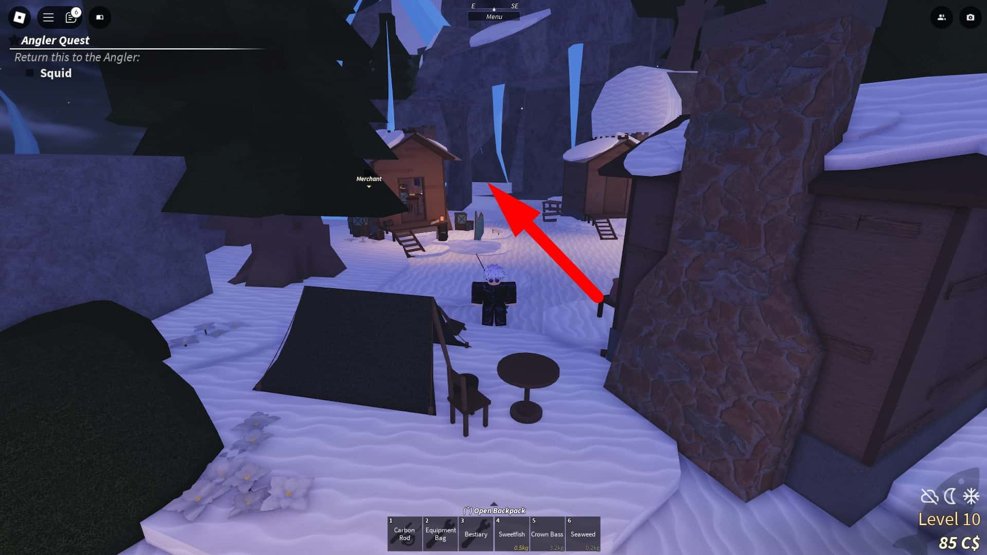 Merchant area on Snowcap Island in Fisch Roblox experience