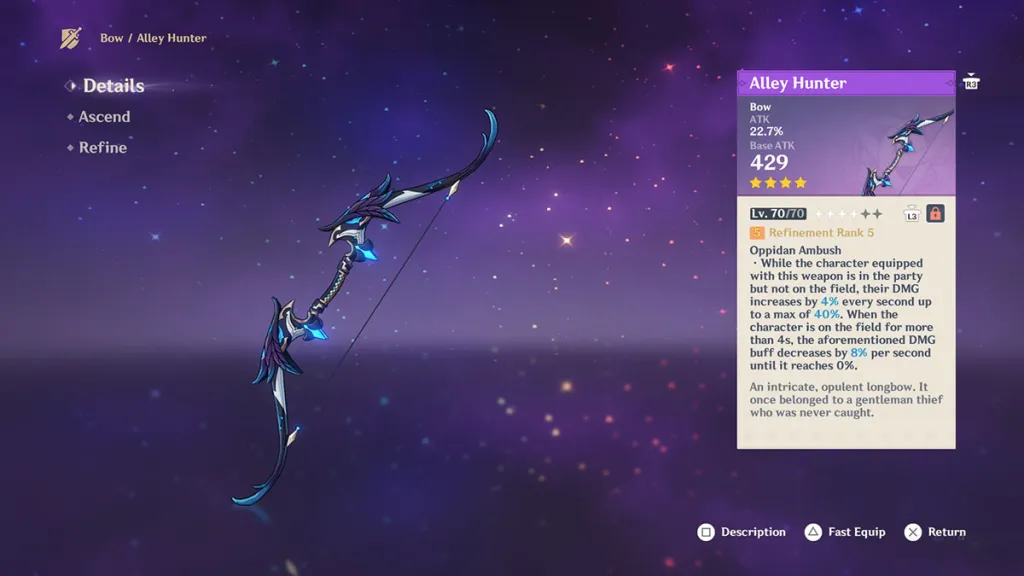 The Alley Hunter bow, as shown in Genshin Impact.