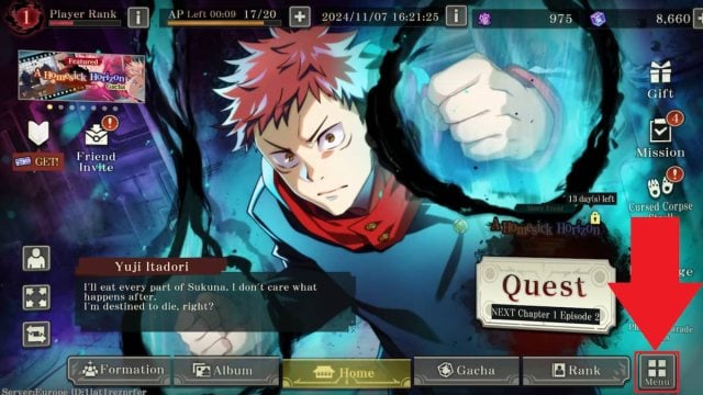 How to redeem Jujutsu Kaisen Phantom Parade codes step 1