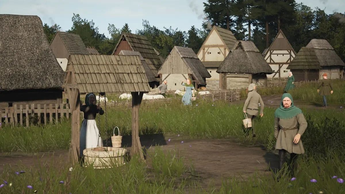 A village in Manor Lords, featuring villagers going about their day.