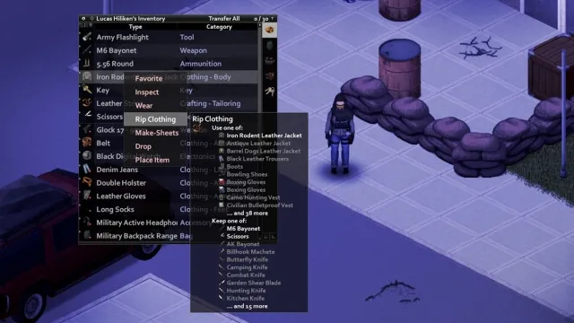 A screenshot of the leather strip creation UI in Project Zomboid B41.