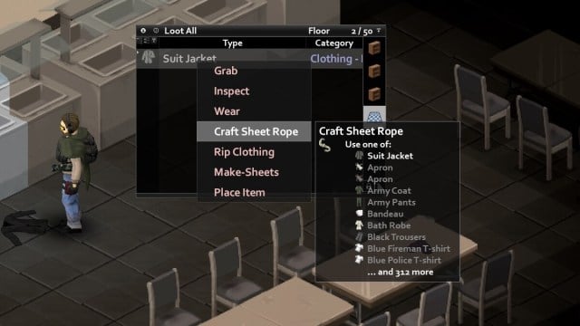 A UI of the sheet rope crafting dialogue in Project Zomboid.