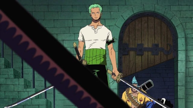 Zoro facing off Ryuma at Thriller Bark in One Piece