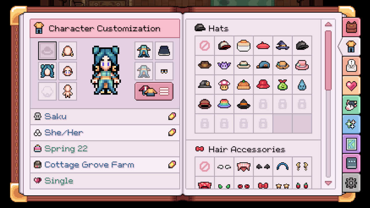 Hats and other accessories in Fields of Mistria