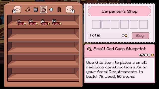 Farm building blueprints for purchase in the Carpenter's Shop in Fields of Mistria