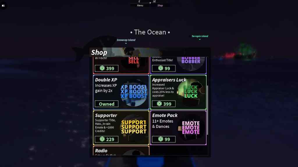 Shop menu in Fisch Roblox