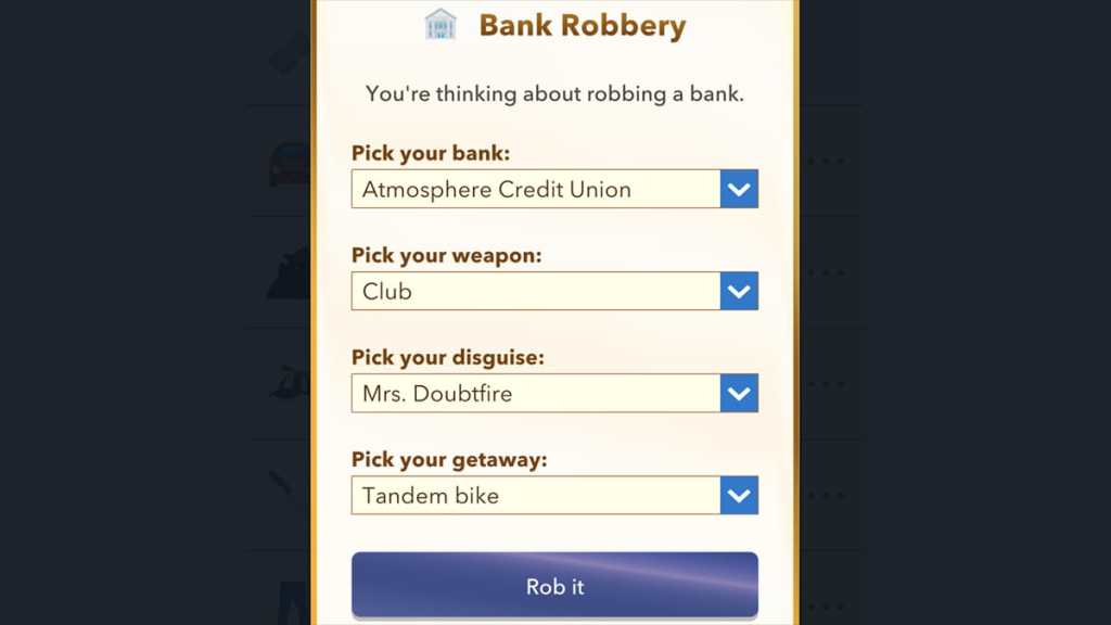 BitLife bank robbery using a Mrs Doubtfire disguise