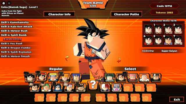 Character selection menu in Shonen Unleashed Roblox experience