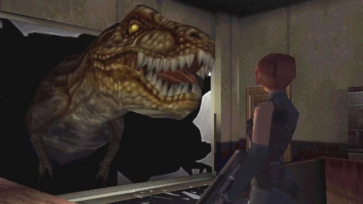 Dino Crisis: a T-Rex smashes through a window as a woman looks on while holding a gun.