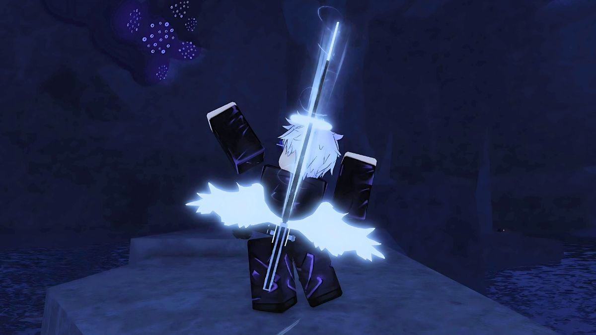 Player posing with the Destiny Rod in Fisch Roblox