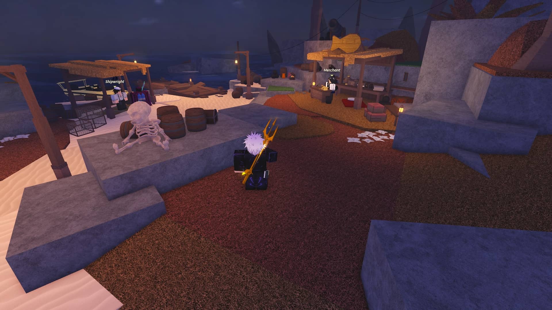 Merchant area on Forsaken Shore in the Fisch Roblox experience