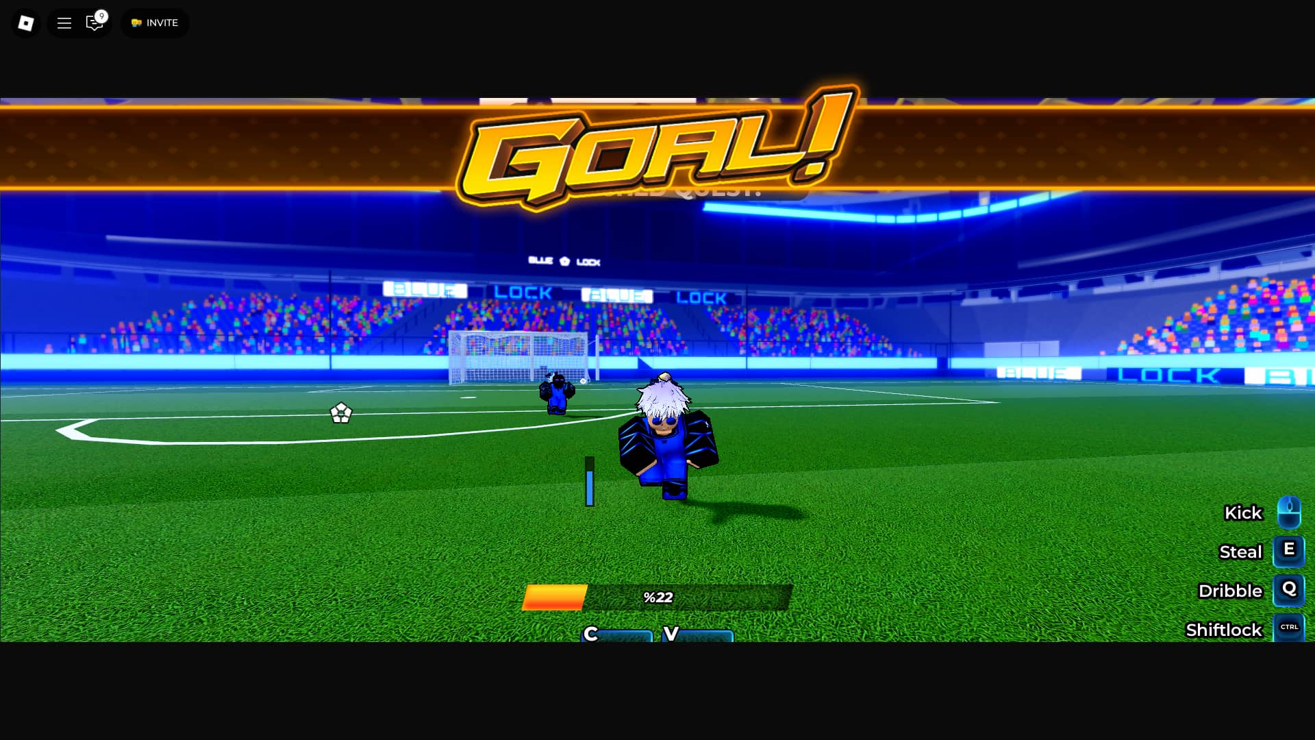 Player scoring a goal in the Blue Lock: Rivals Roblox experience