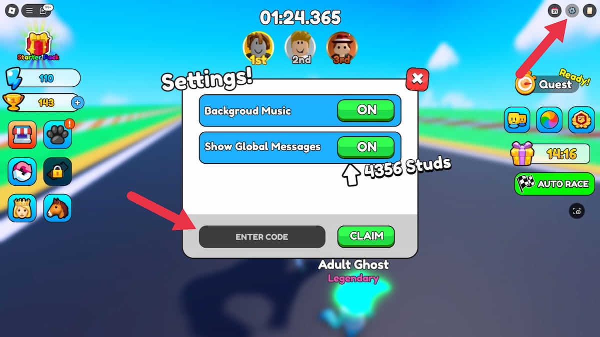 How to redeem codes in Horse Race Roblox experience through the settings menu