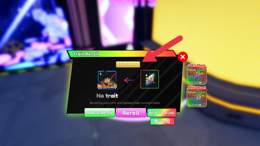 A player rerolling traits through the Trait Reroll menu in Anime Realms.