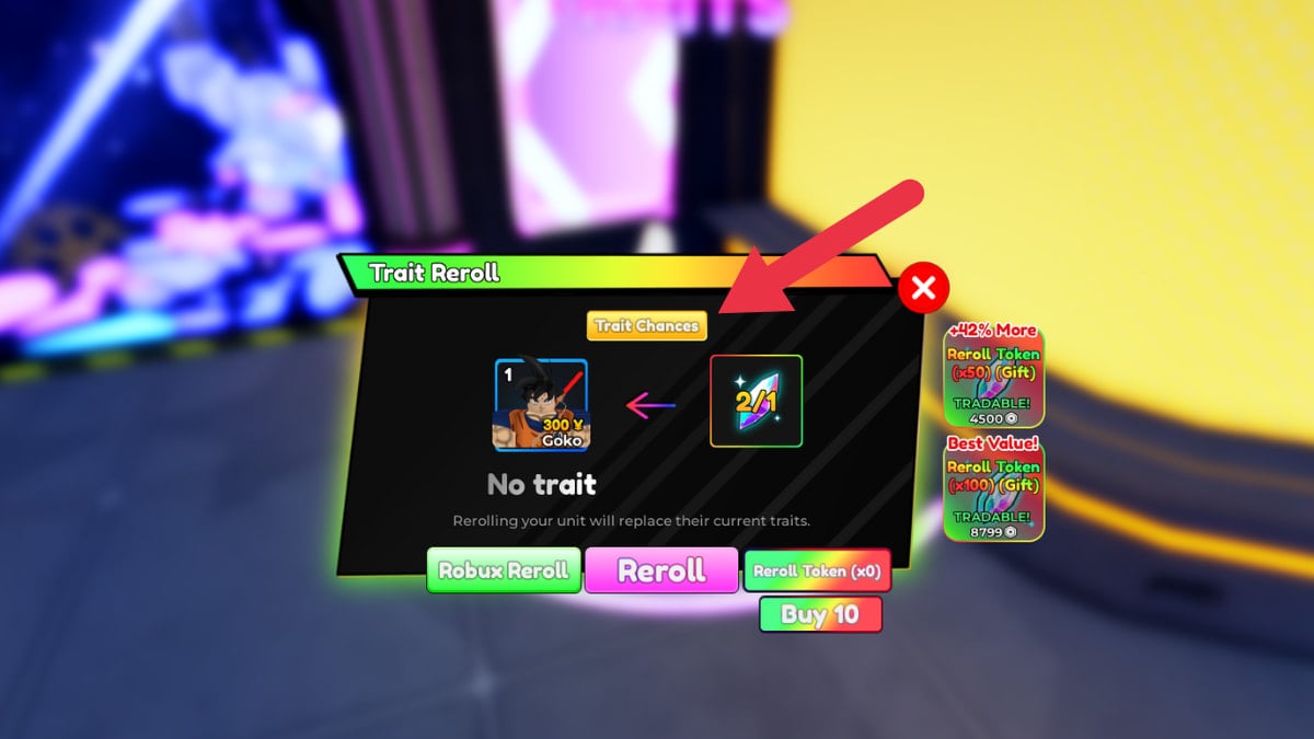 A player rerolling traits through the Trait Reroll menu in Anime Realms.