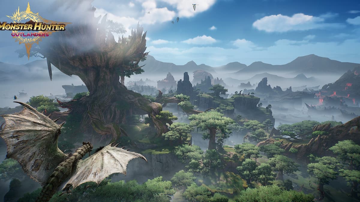 The Monster Hunter Outlanders logo and a landscape from the game