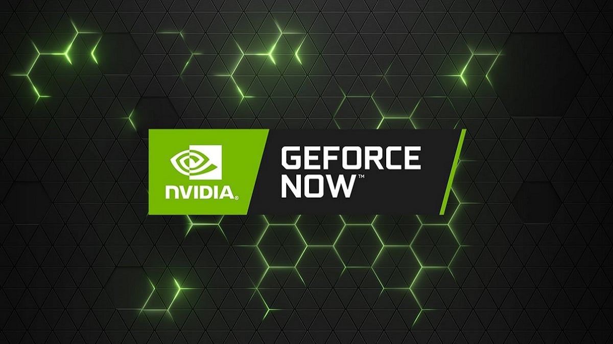 Nvidia GeForce Now logo on a black background, with neon green hexagonal shapes around it.