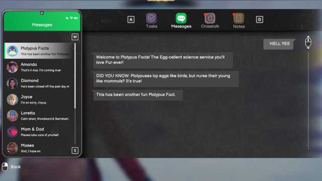 One of the Platypus Facts text messages in Life is Strange: Double Exposure