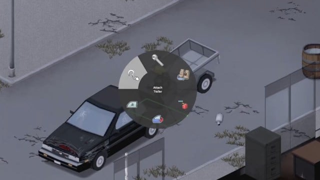 A player attaches a trailer to their car in Project Zomboid