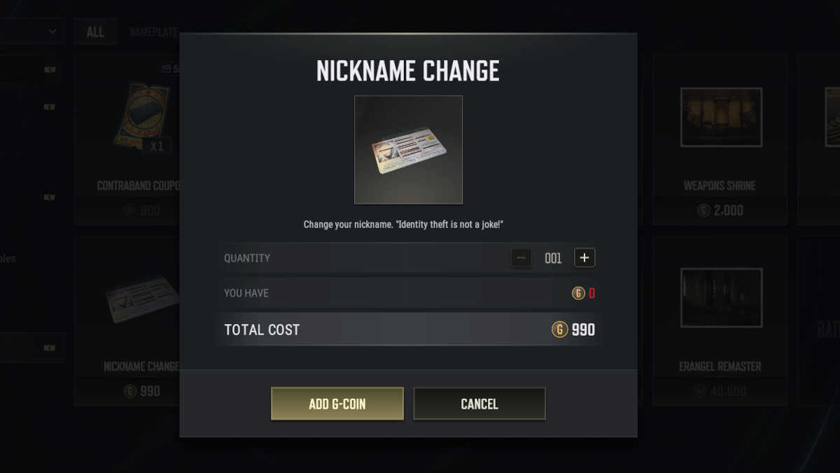 Nickname Change card in PUBG on PC