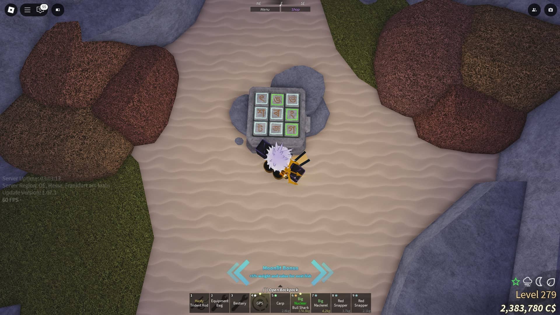 Player solving the Relic Rod puzzle on the Archeological Site in Fisch Roblox experience