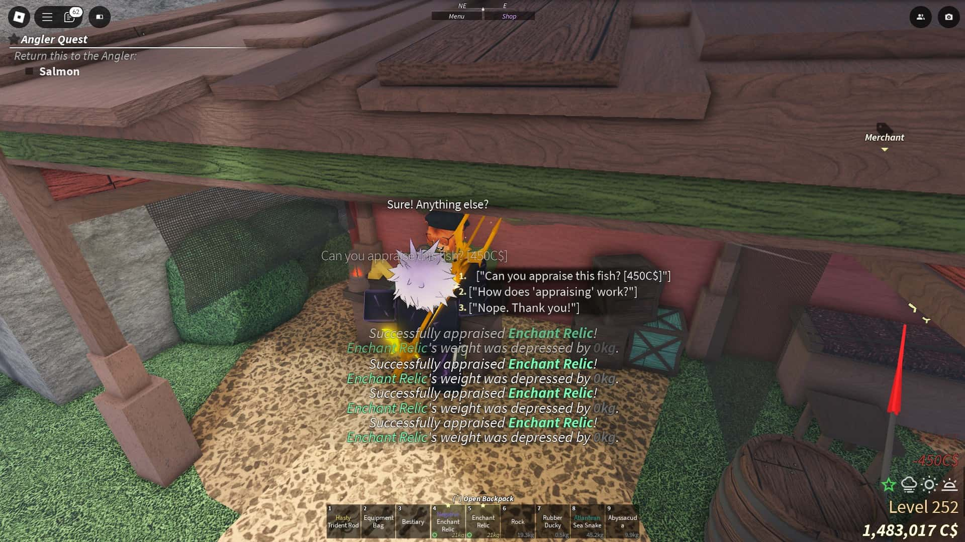 Player appraising enchant relics in the Fisch Roblox experience