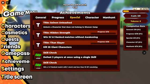 Shonen Unleashed achievements menu