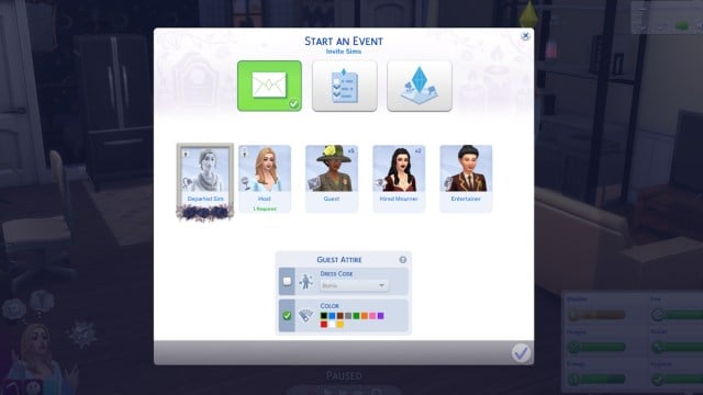 The funeral planning menu in Sims 4