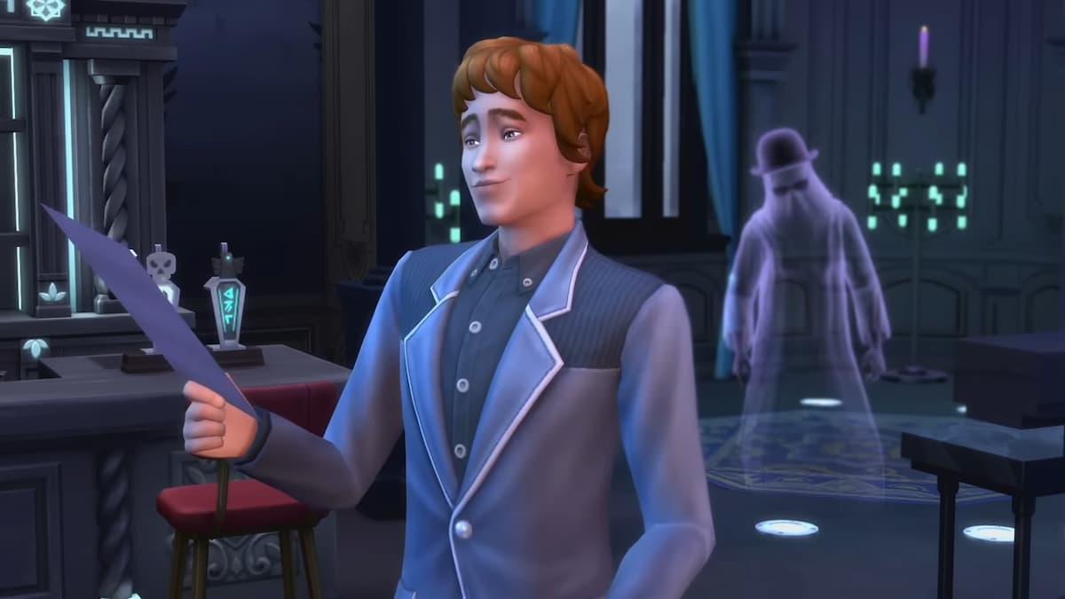 A Sim reading a will with a ghost behind him in The Sims 4.