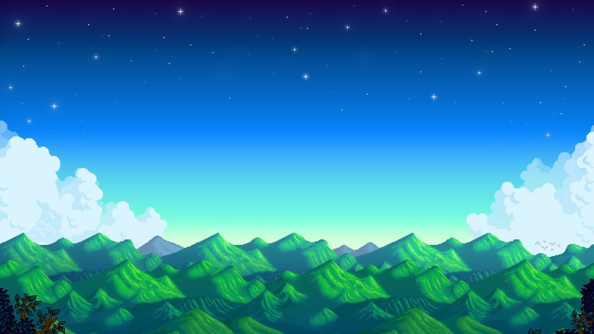 Stardew Valley: a cartoon image of a blue sky with thick trees at the bottom.