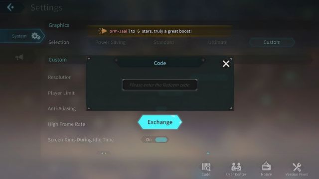 Codes redemption menu in Stellar Traveler