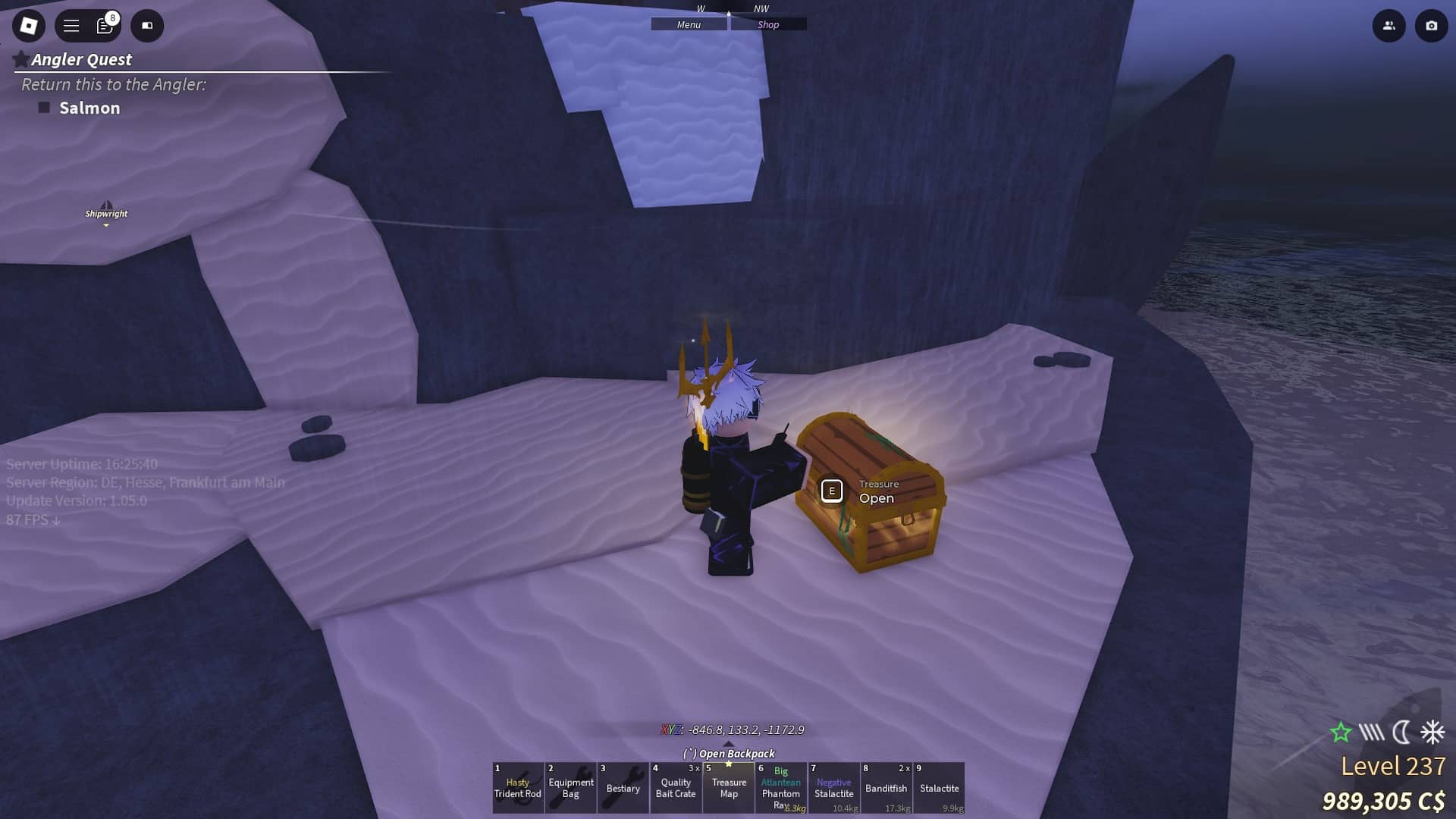 Player next to a Treasure Chest in the Fisch Roblox experience