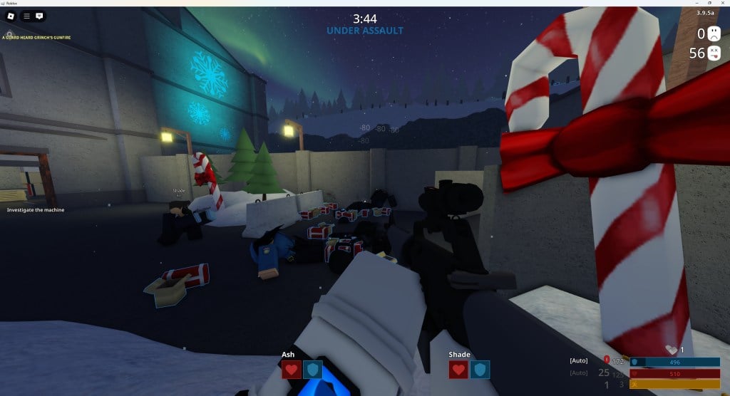 Roblox player is aiming at a wall while there are many dropped ammo crates and bodies around him