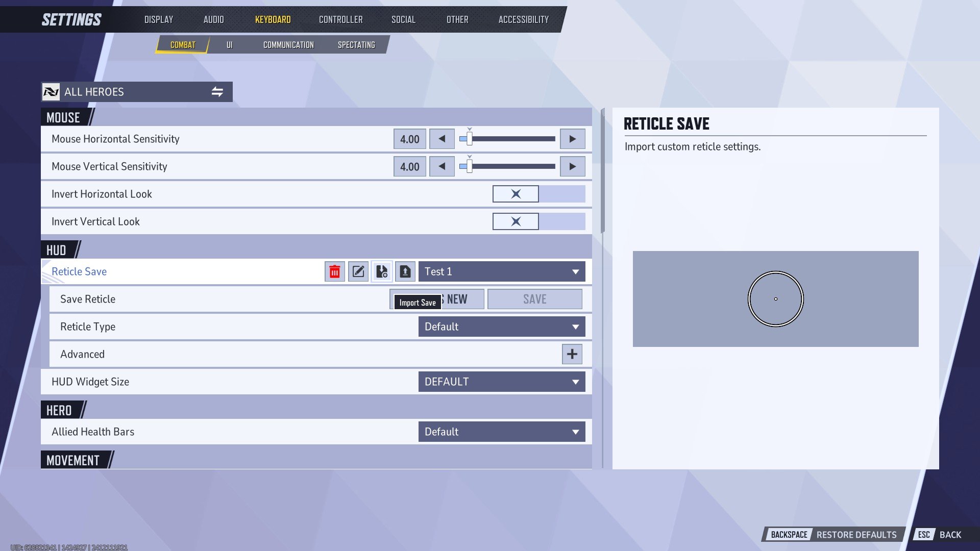 Marvel Rivals reticle save options menu element