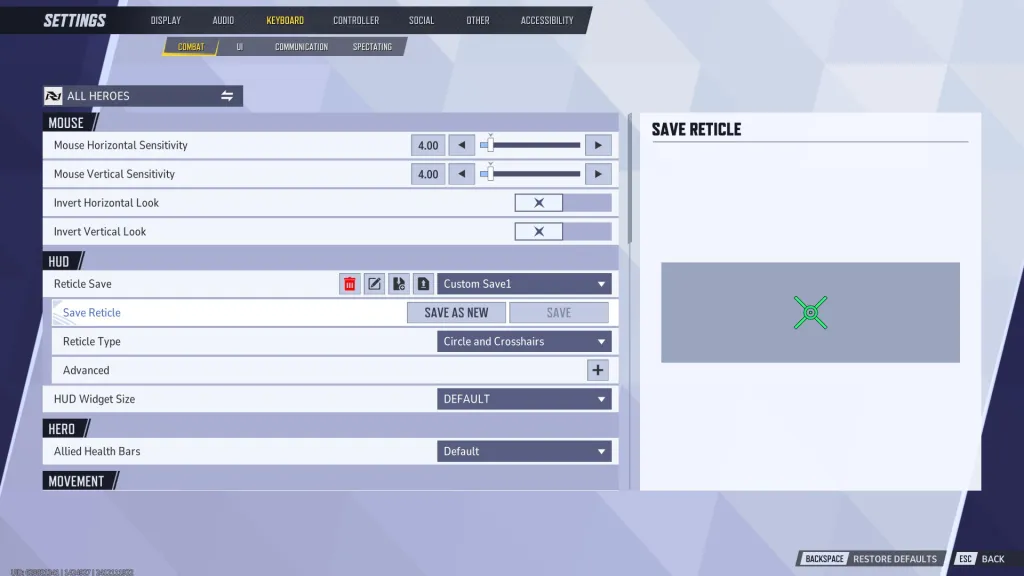 Marvel Rivals reticles options menu