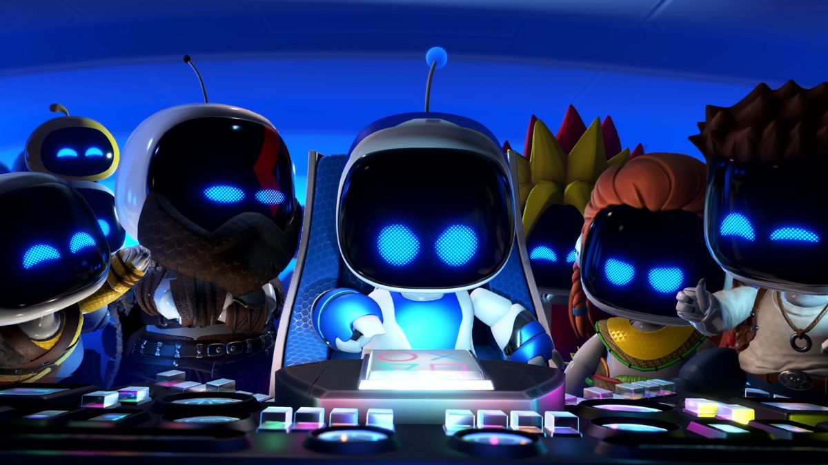 Astro Bot in his ship alongside Aloy, Nathan Drake, Kratos, Atreus, Aloy and PocoLoco.