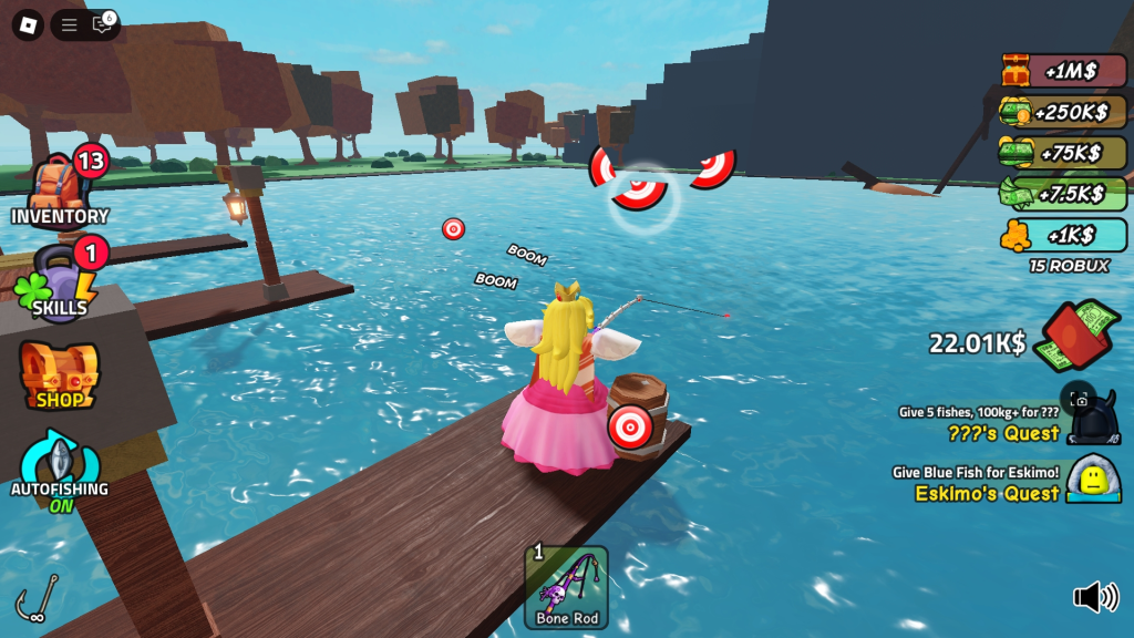 Character is using autofishing in Go Fishing Roblox.