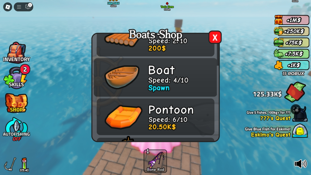 Boat menu in Roblox Go Fishing showing owned boats.