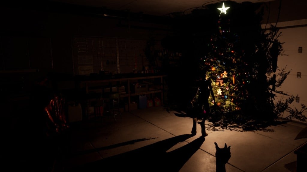 A small monster stands in front of a Christmas tree in Christmas Nightmare