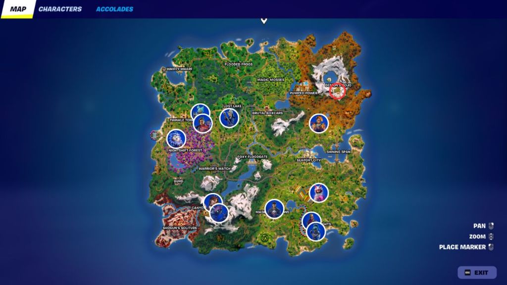 A map of the Chapter 6 Season 1 island showing the location of various NPC's.