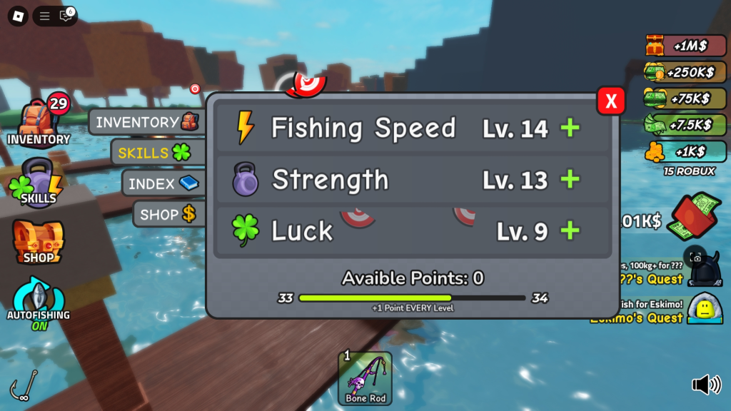 The Skills in Go Fishing Roblox showing the three available skills.