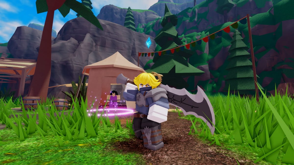 A Roblox character is posing in her armor in front of a vendor in Sword Fantasy