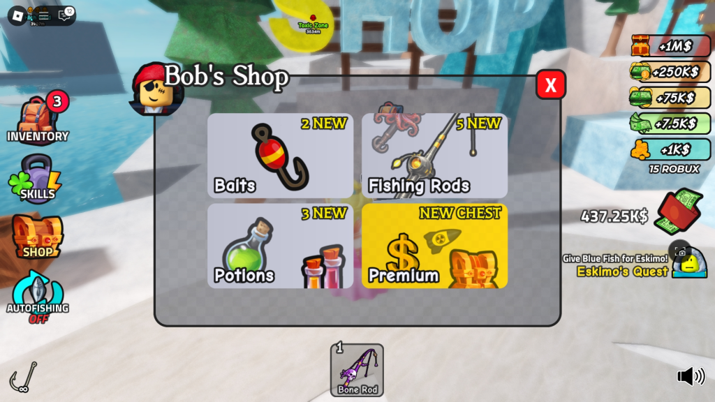 An item shop menu showing what you can buy in Roblox Go Fishing.