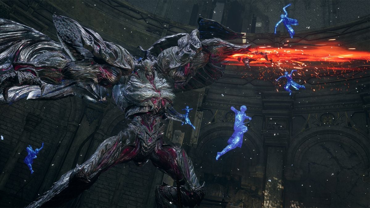 Kazer fighting a giant boss in Lost Soul Aside.