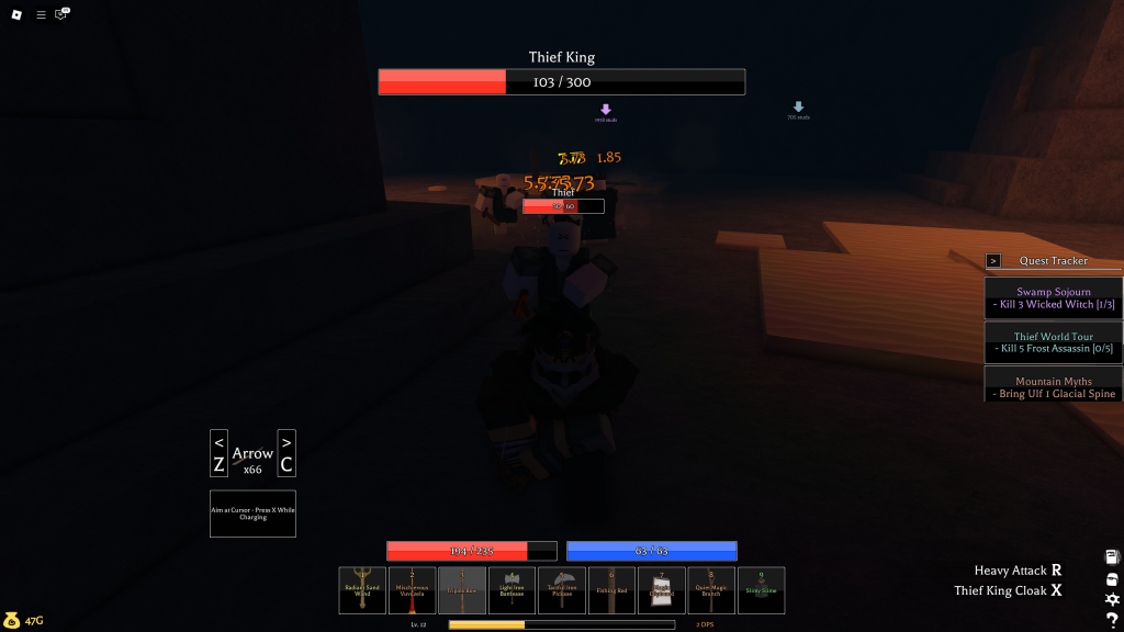 A Roblox player is running and attacking King Thief in Pilgrammed The Raindrops